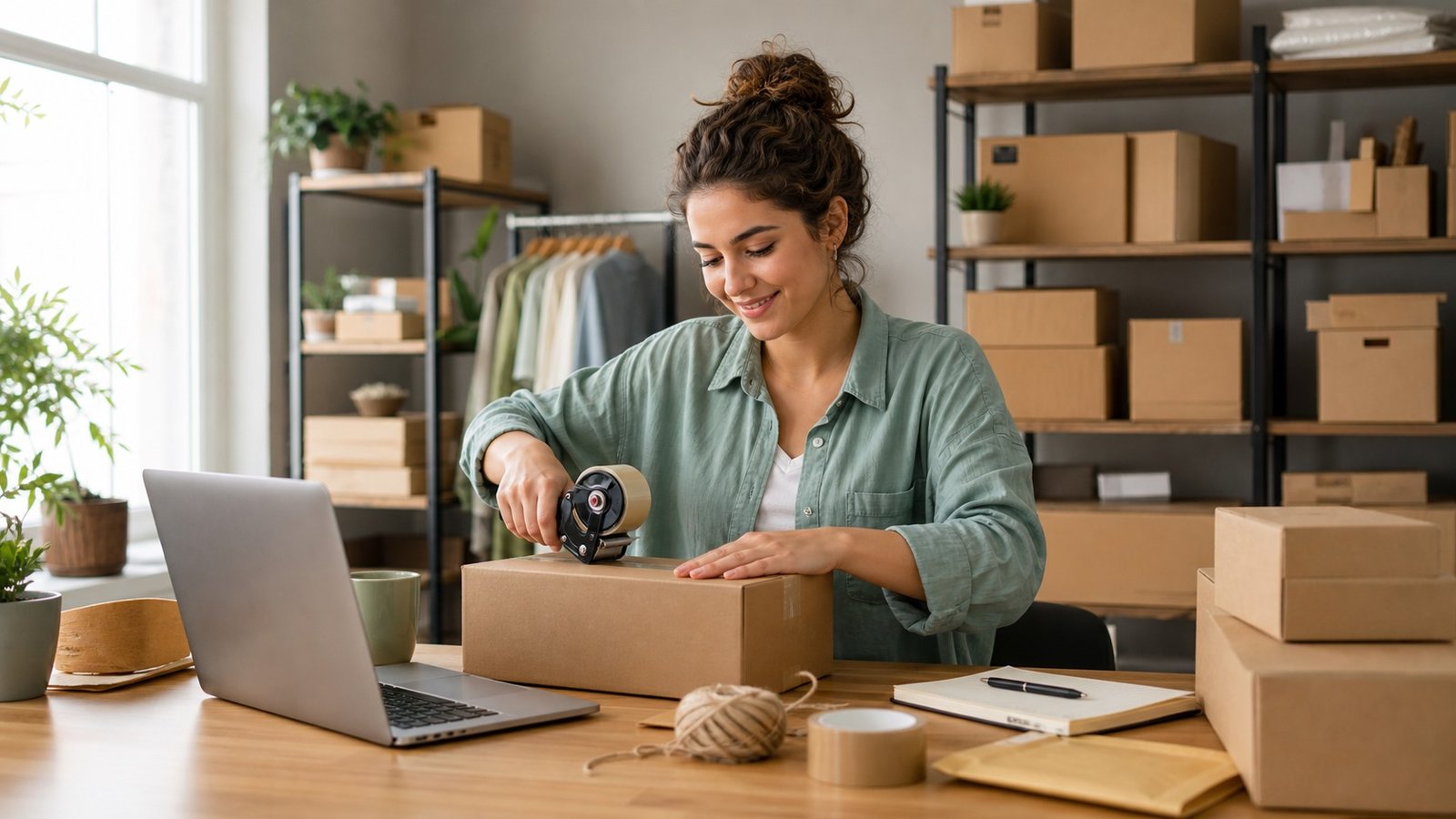 Masasında kargo paketleri hazırlayan e-ticaret satıcısı